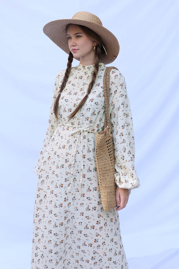 Çiçek Desenli Müslin Elbise Turuncu - 9