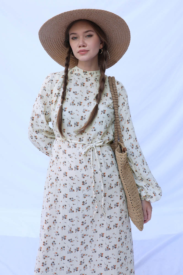 Çiçek Desenli Müslin Elbise Turuncu - 10