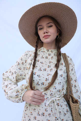 Çiçek Desenli Müslin Elbise Turuncu - 11