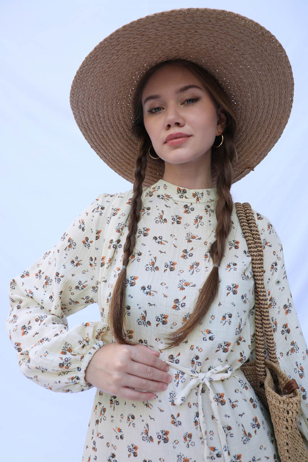 Çiçek Desenli Müslin Elbise Turuncu - 11