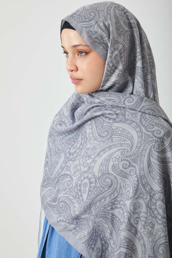 Çiçek Motifli Şal Açık Gri - 5
