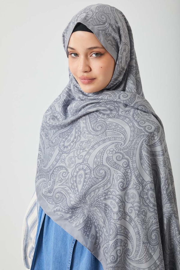 Çiçek Motifli Şal Açık Gri - 6