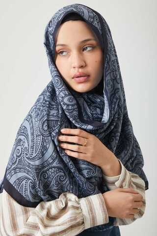 Çiçek Motifli Şal İndigo - 1