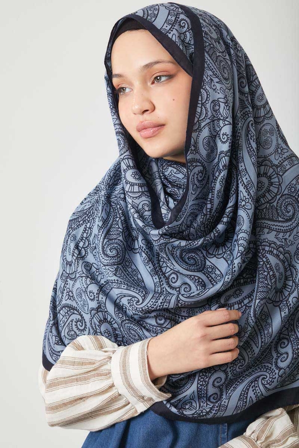 Çiçek Motifli Şal İndigo - 3