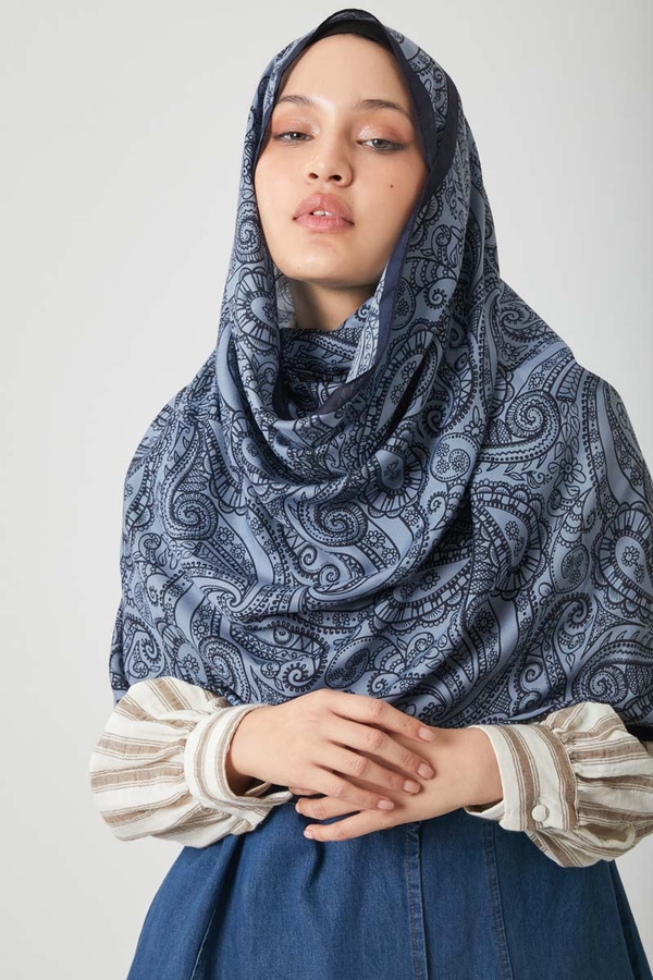 Çiçek Motifli Şal İndigo - 4