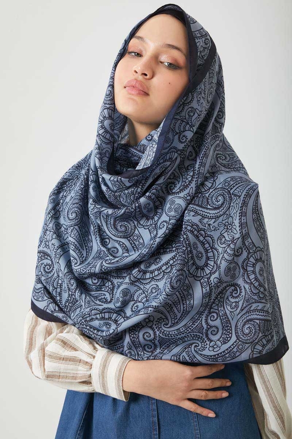 Çiçek Motifli Şal İndigo - 6