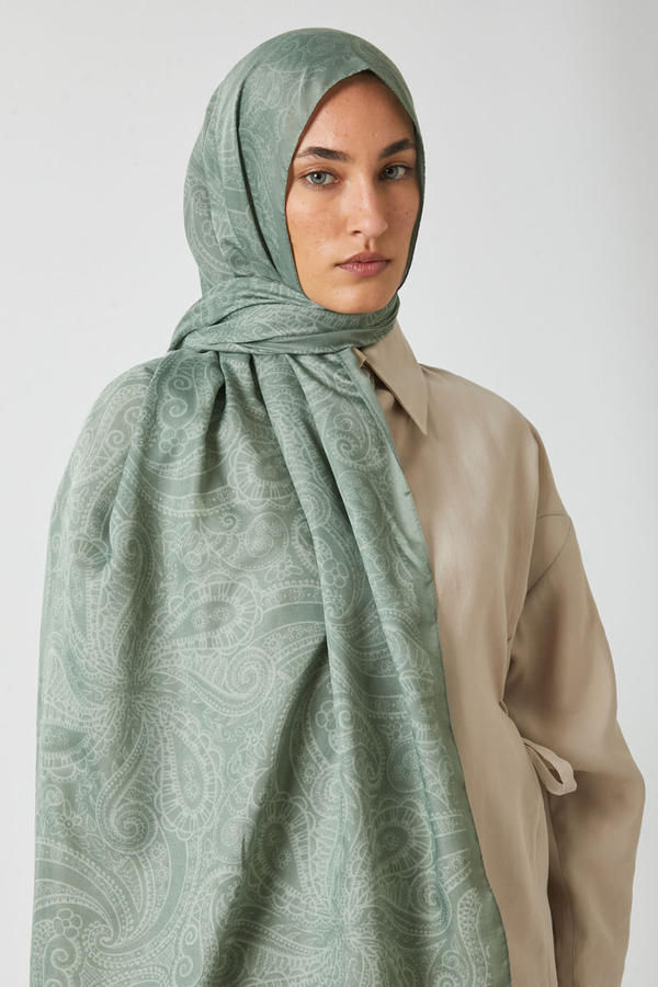 Çiçek Motifli Şal Koyu Mint 