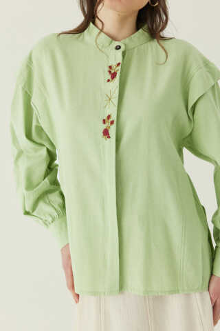 Çiçek Nakışlı Keten Gömlek Açık Yeşil - 2
