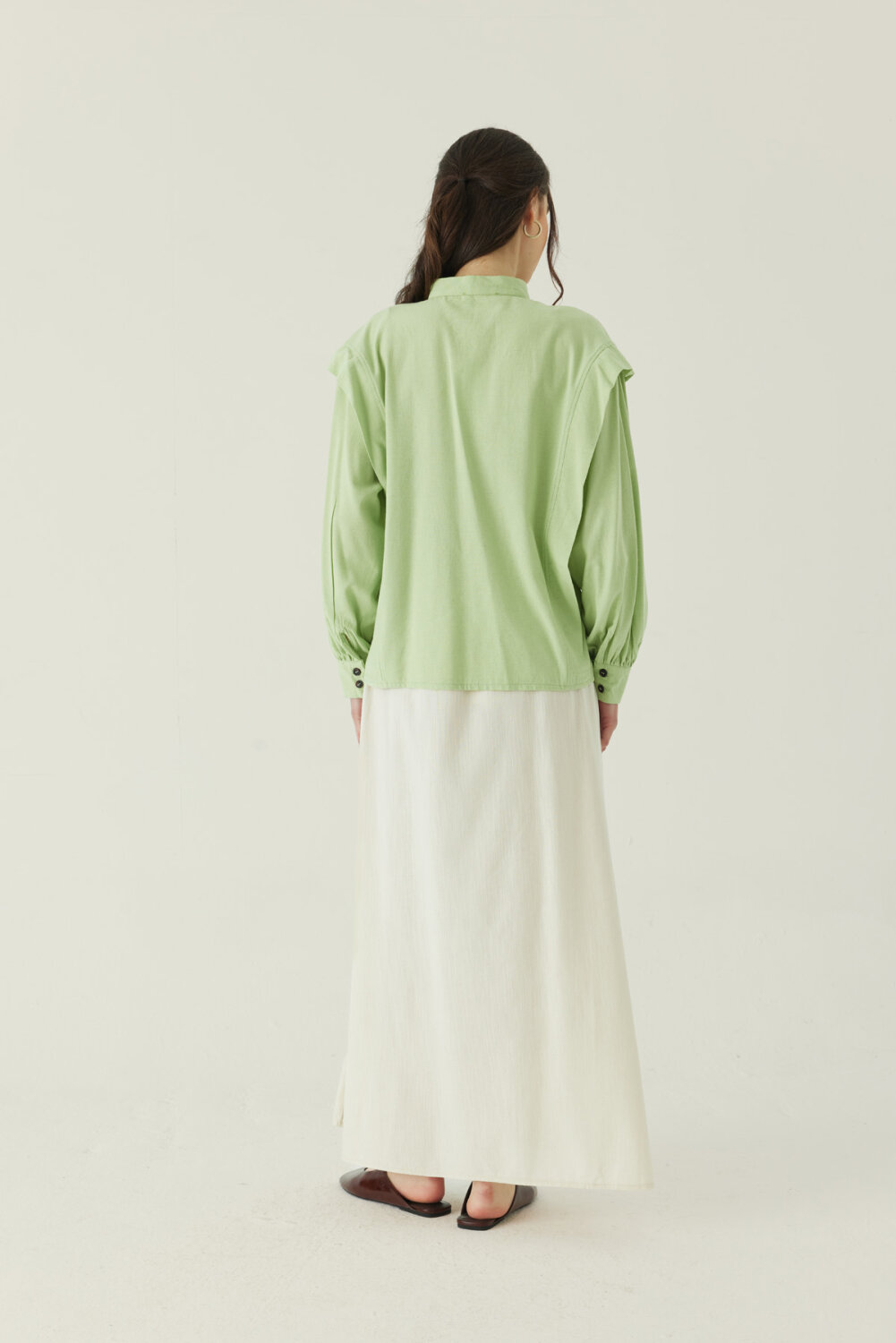 Çiçek Nakışlı Keten Gömlek Açık Yeşil - 3