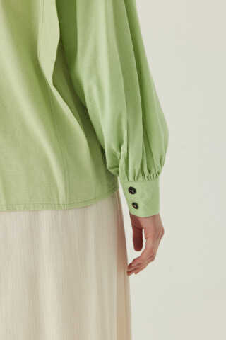 Çiçek Nakışlı Keten Gömlek Açık Yeşil - 4
