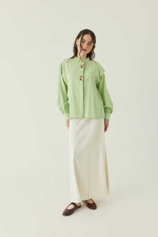Çiçek Nakışlı Keten Gömlek Açık Yeşil - 5