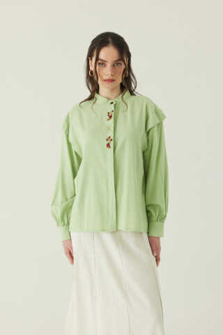 Çiçek Nakışlı Keten Gömlek Açık Yeşil - 6