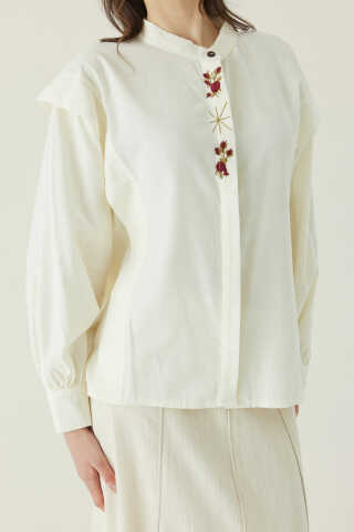 Çiçek Nakışlı Keten Gömlek Beyaz - 2