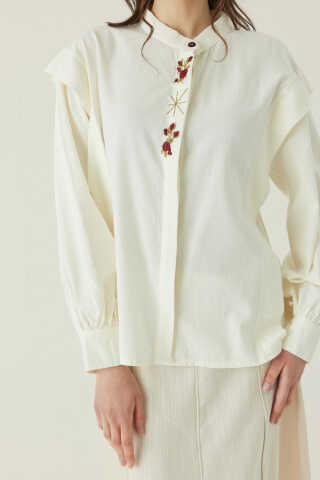 Çiçek Nakışlı Keten Gömlek Beyaz - 5