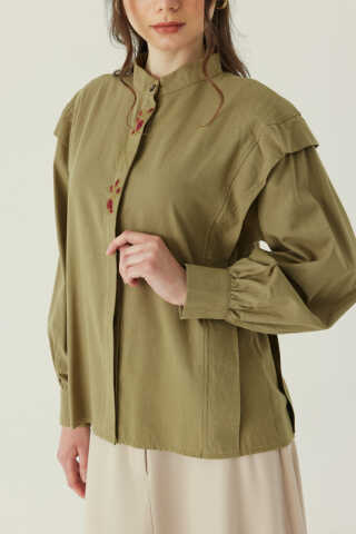 Çiçek Nakışlı Keten Gömlek Haki - 2