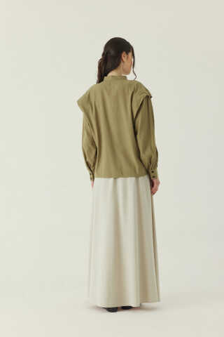 Çiçek Nakışlı Keten Gömlek Haki - 3