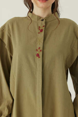 Çiçek Nakışlı Keten Gömlek Haki - 4