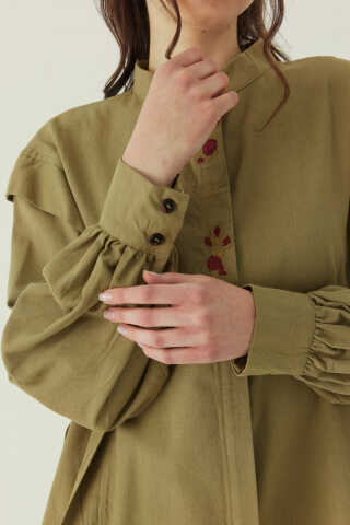 Çiçek Nakışlı Keten Gömlek Haki - 5