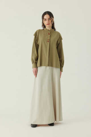 Çiçek Nakışlı Keten Gömlek Haki - 6