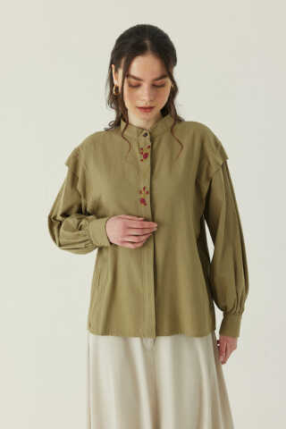 Çiçek Nakışlı Keten Gömlek Haki - 1
