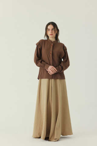 Çiçek Nakışlı Keten Gömlek Kahverengi - 2