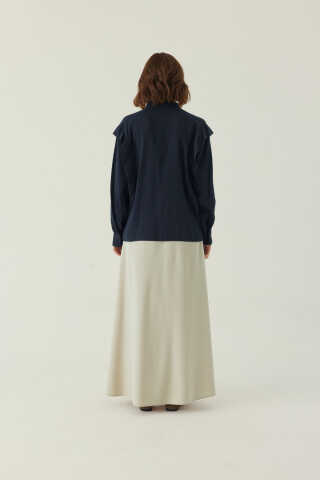 Çiçek Nakışlı Keten Gömlek Lacivert - 3