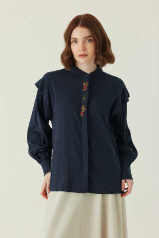 Çiçek Nakışlı Keten Gömlek Lacivert - 1