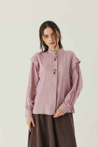 Çiçek Nakışlı Keten Gömlek Pudra - 1