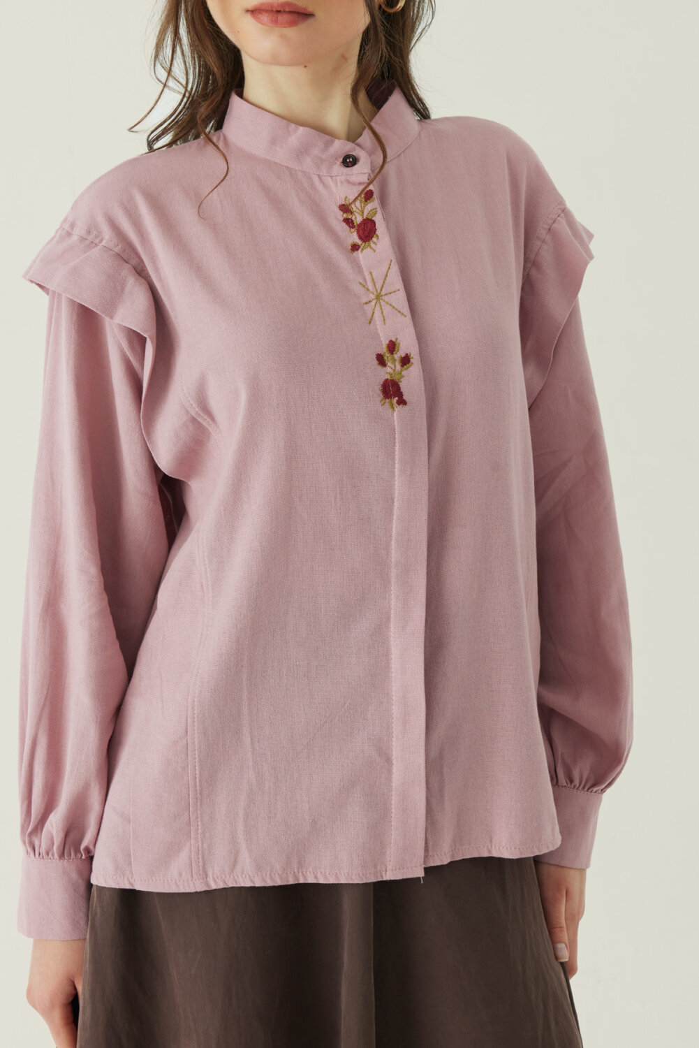 Çiçek Nakışlı Keten Gömlek Pudra - 2