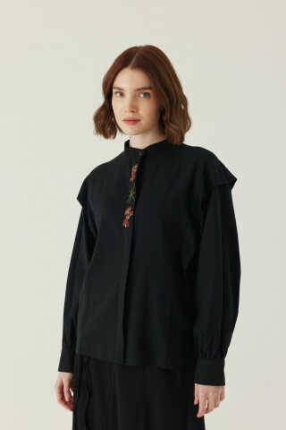 Çiçek Nakışlı Keten Gömlek Siyah - 3