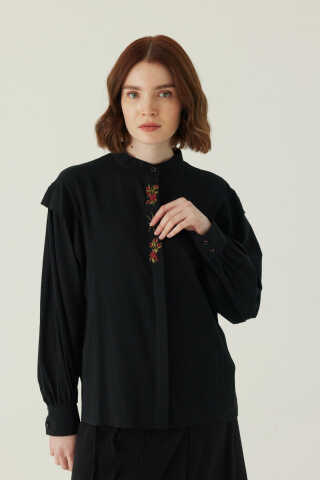 Çiçek Nakışlı Keten Gömlek Siyah - 1