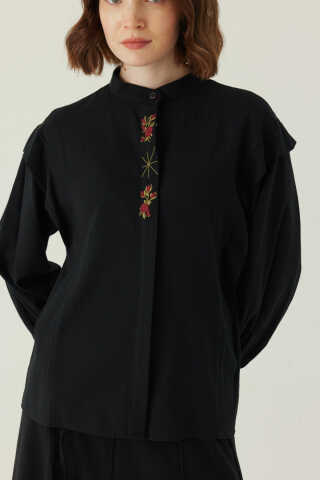 Çiçek Nakışlı Keten Gömlek Siyah - 2