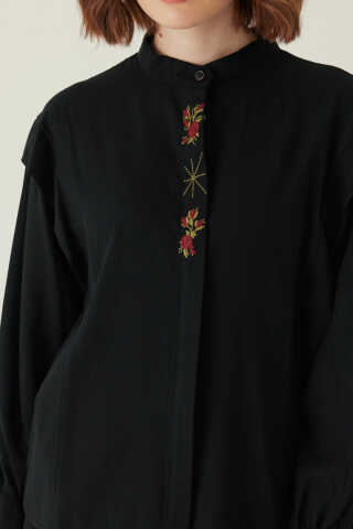Çiçek Nakışlı Keten Gömlek Siyah - 5