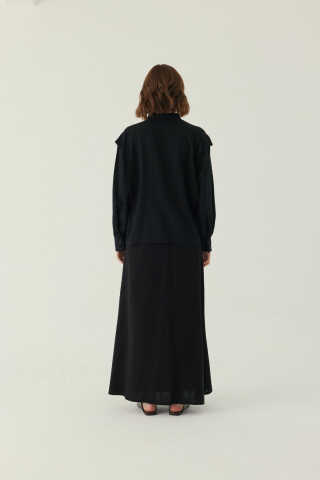 Çiçek Nakışlı Keten Gömlek Siyah - 4