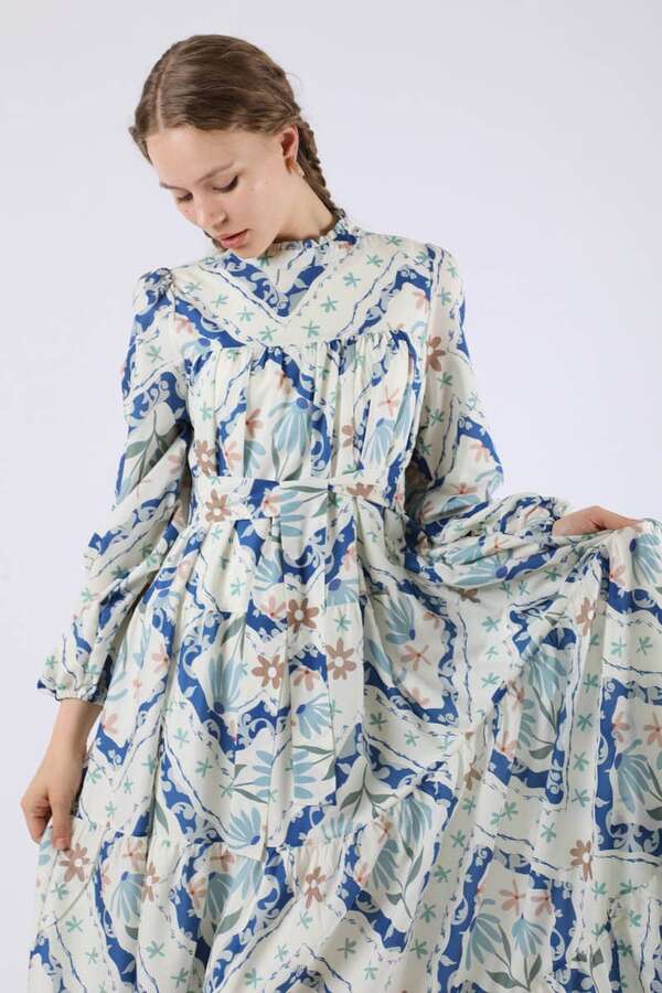 Çiçekli Aura Elbise Mavi - 2