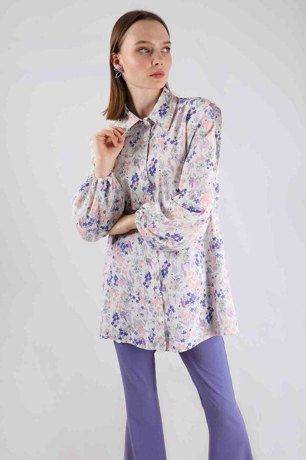 Çiçekli Gömlek İspanyol Paça Takım Mavimsi Lila - 4