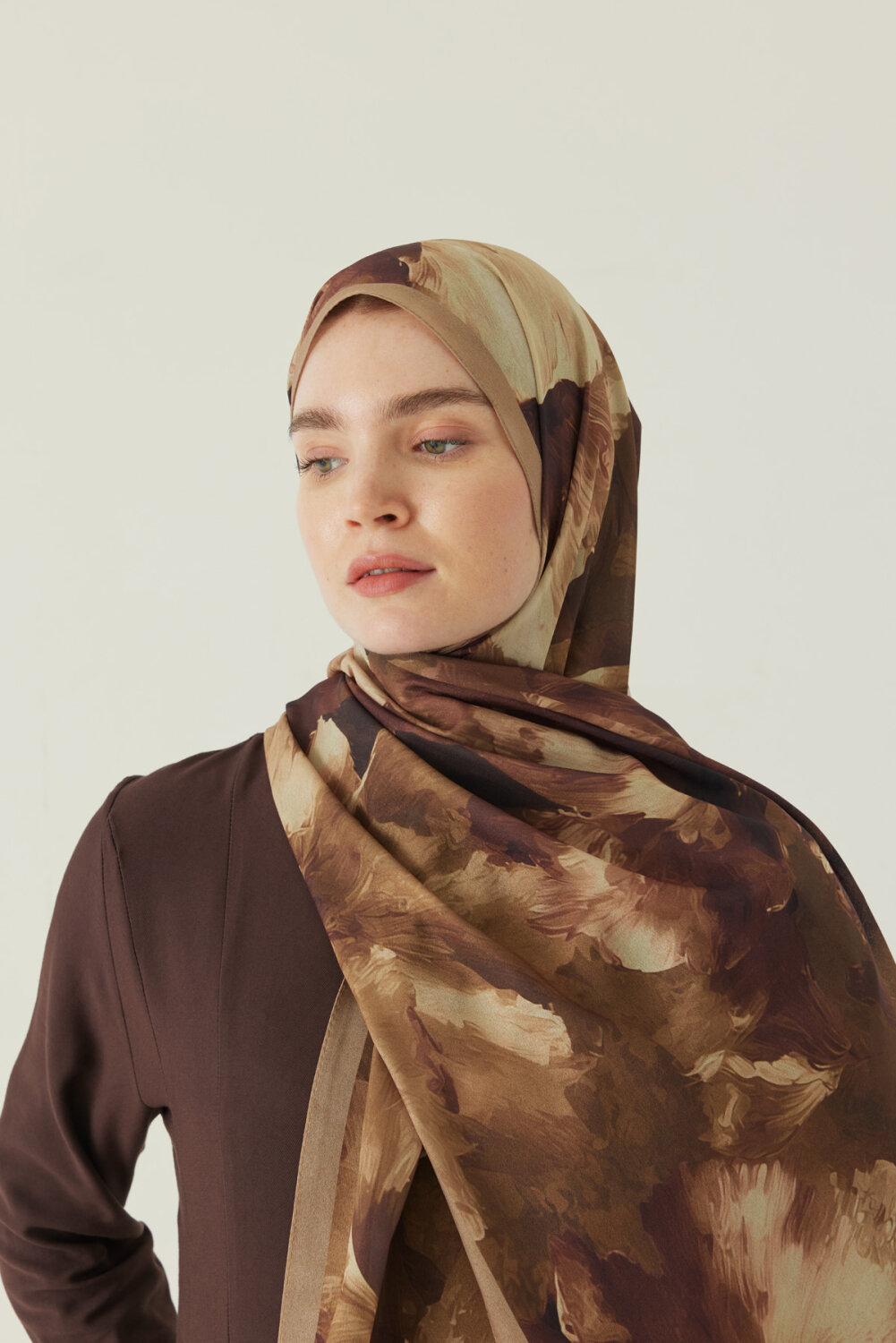 Çiçekli İpek Şal Bej - 1