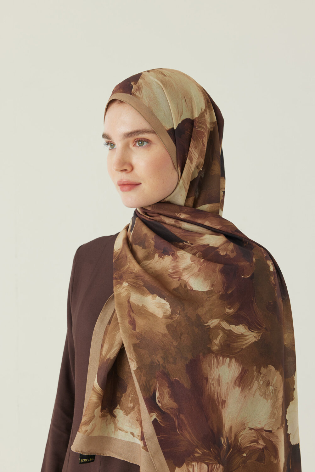 Çiçekli İpek Şal Bej - 2