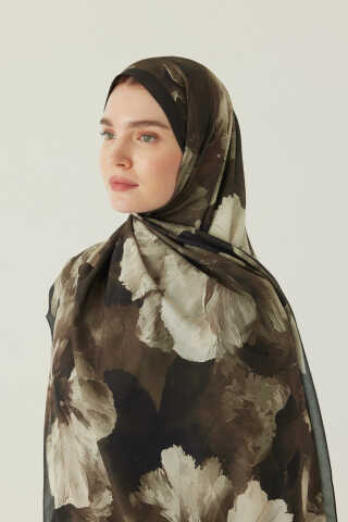 Çiçekli İpek Şal Haki - 2