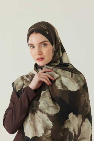 Çiçekli İpek Şal Haki - 1