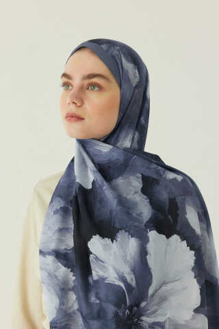 Çiçekli İpek Şal İndigo - 1
