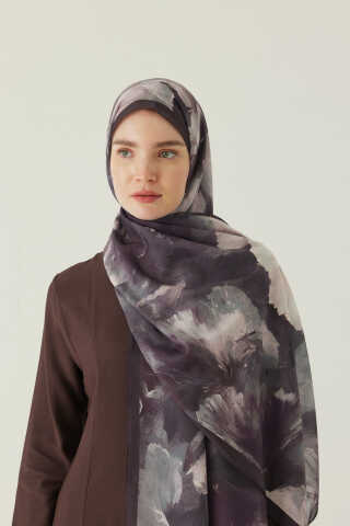 Çiçekli İpek Şal Mürdüm - 1