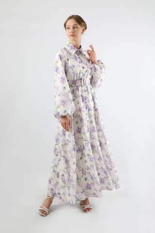 Çiçekli Kemerli Elbise Lila - 1