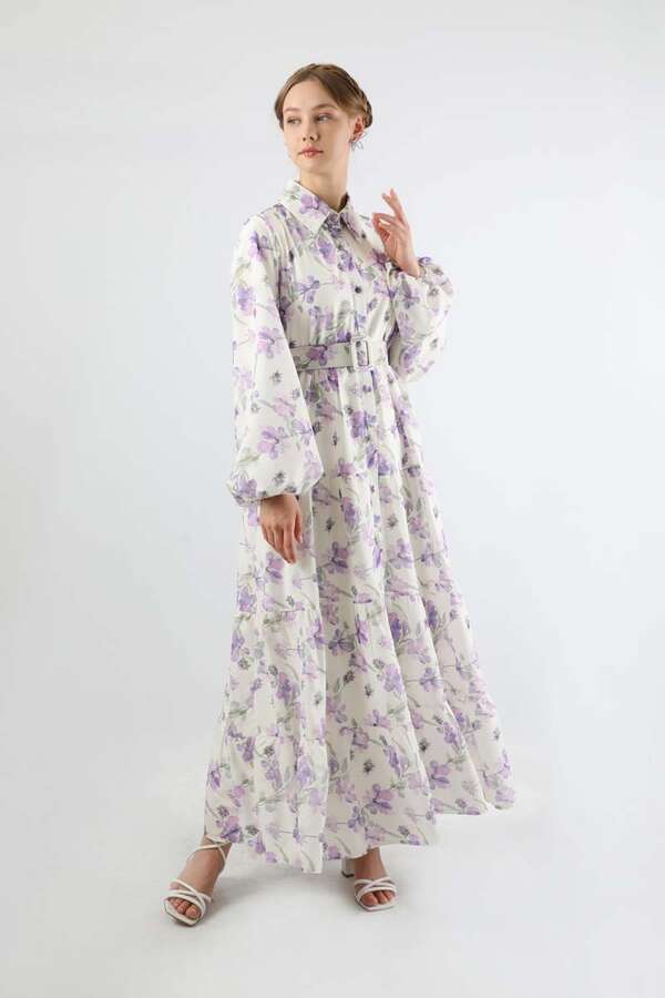 Çiçekli Kemerli Elbise Lila - 1