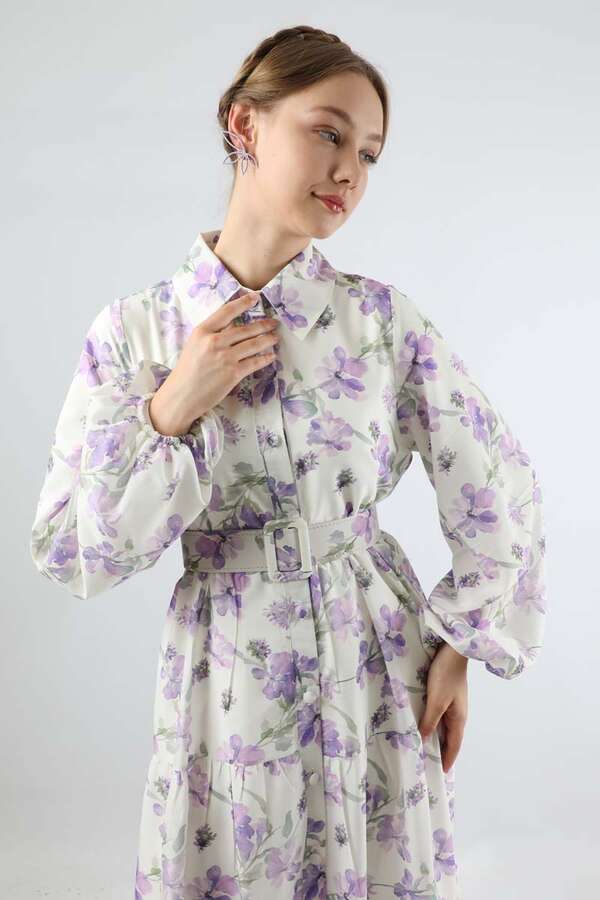 Çiçekli Kemerli Elbise Lila - 2