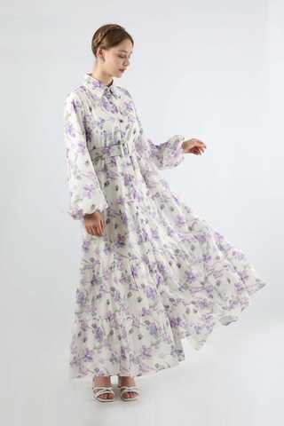 Çiçekli Kemerli Elbise Lila - 3