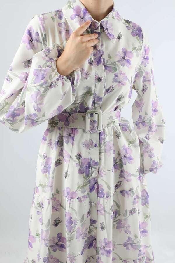 Çiçekli Kemerli Elbise Lila - 4
