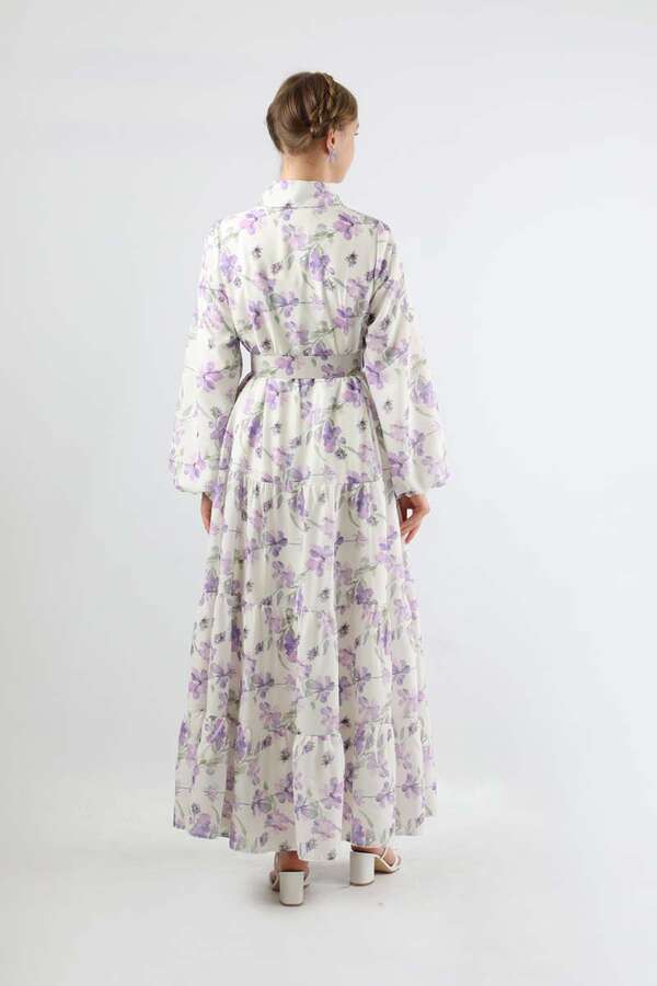 Çiçekli Kemerli Elbise Lila - 5