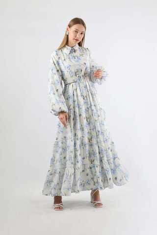 Çiçekli Kemerli Elbise Mavi - 1