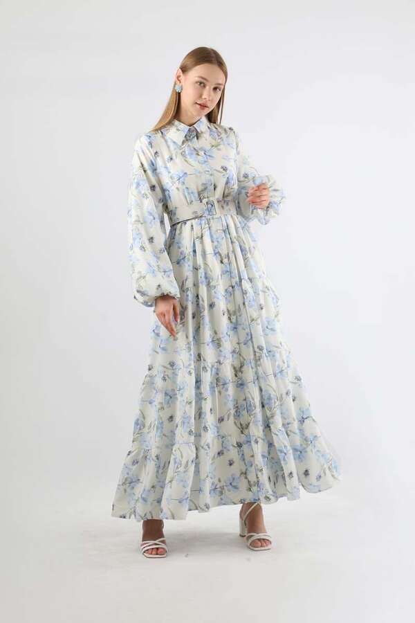 Çiçekli Kemerli Elbise Mavi - 1